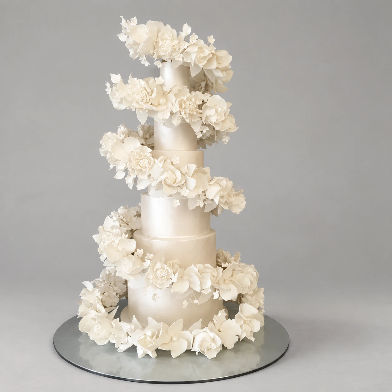 White Floral Spiral Wedding Cake — 5 cake tiers
