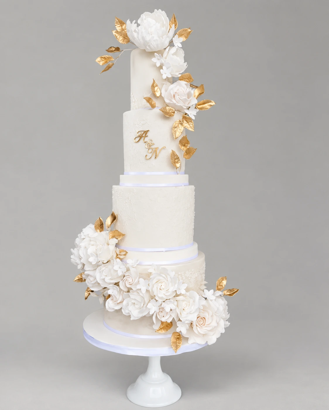 White Petals & Gold Leaves Wedding Cake — 4 cake tiers