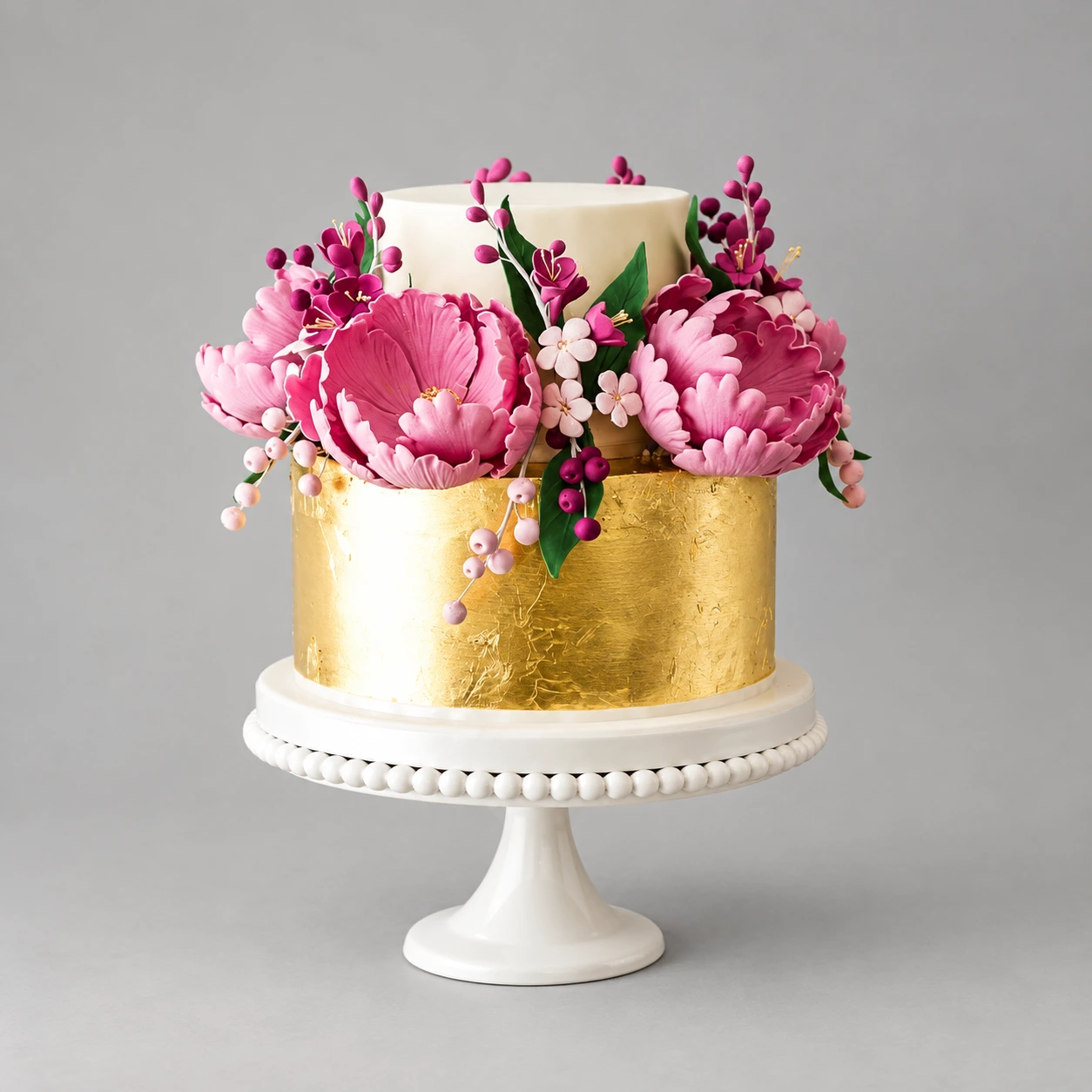 Two-tier ivory and gold-leaf cake with large pink sugar peonies, tiny blossoms and berry stems